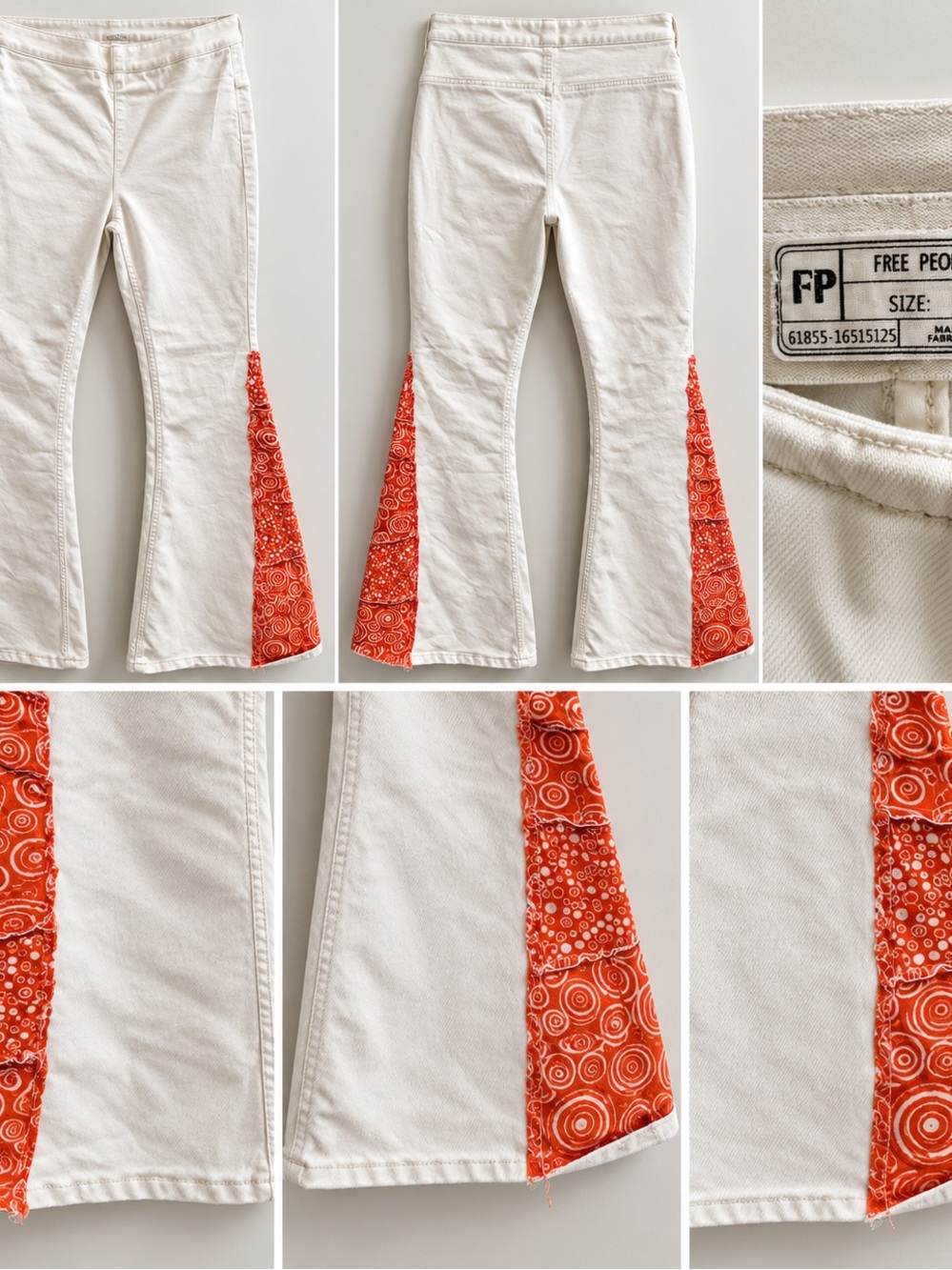 Free People White Flared Jeans with Orange Patch Panels